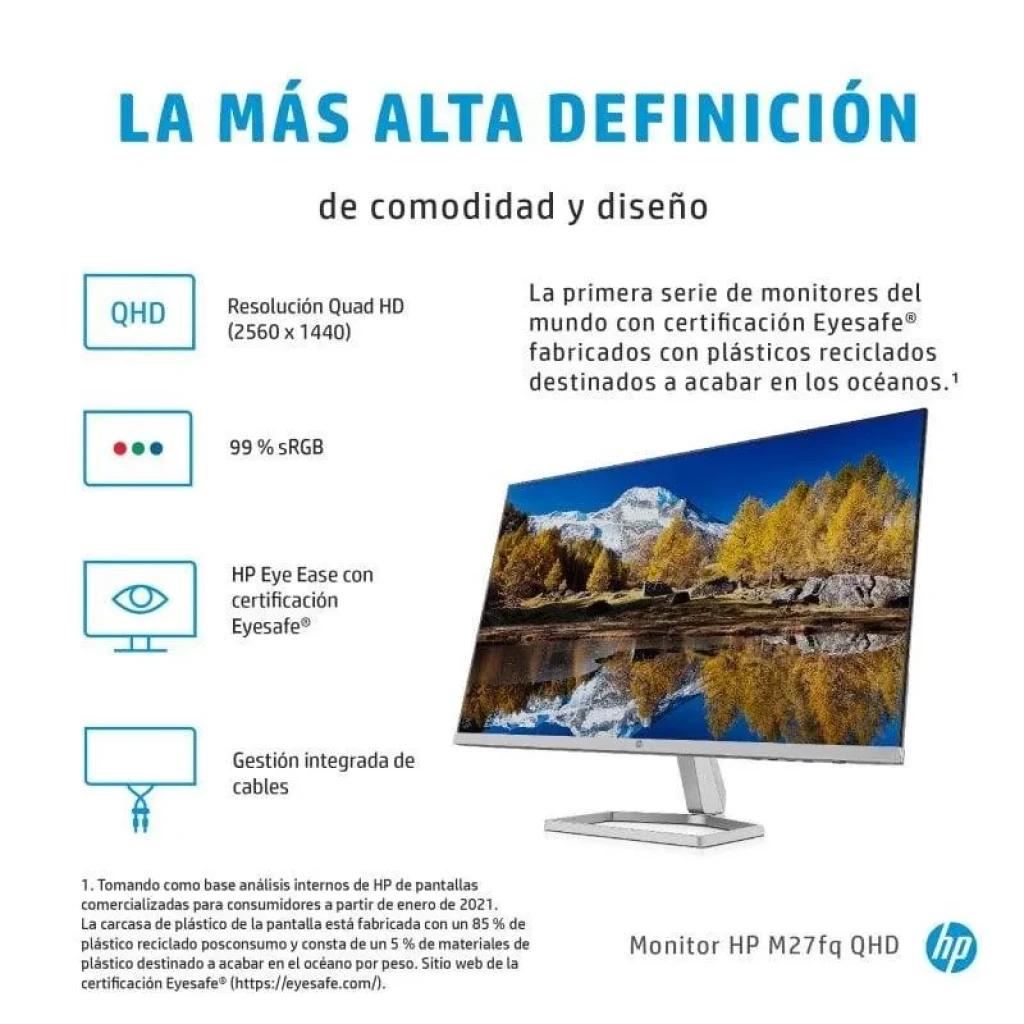 HP M27fq QHD IPS, 75 Hz com FreeSync, 99% sRGB e certificação Eyesafe, molduras finas e gestão de cabos para uma secretária organizada