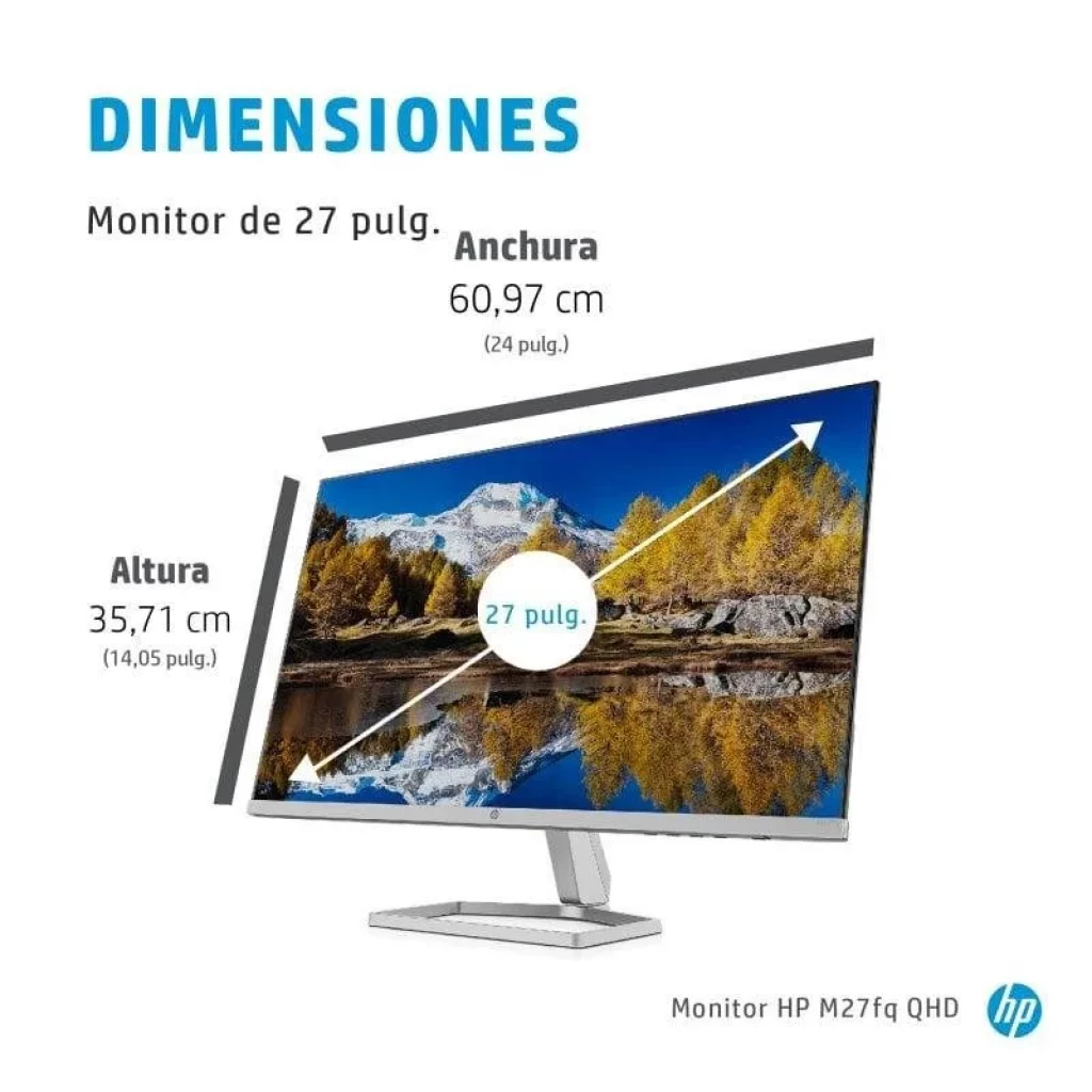 HP M27fq com molduras finas, base metálica ajustável e ecrã panorâmico; painel fino e design elegante para secretária