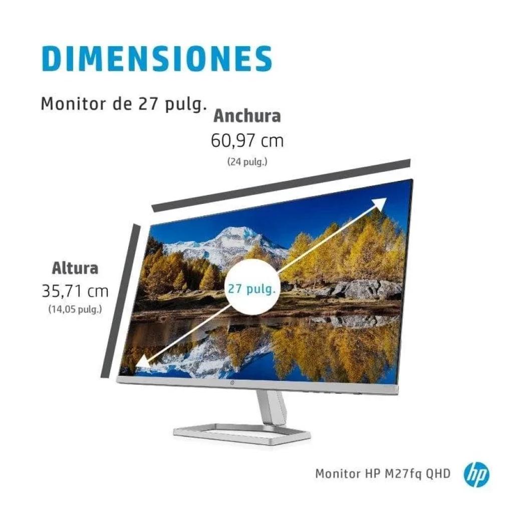 HP M27fq com molduras finas, base metálica ajustável e ecrã panorâmico; painel fino e design elegante para secretária
