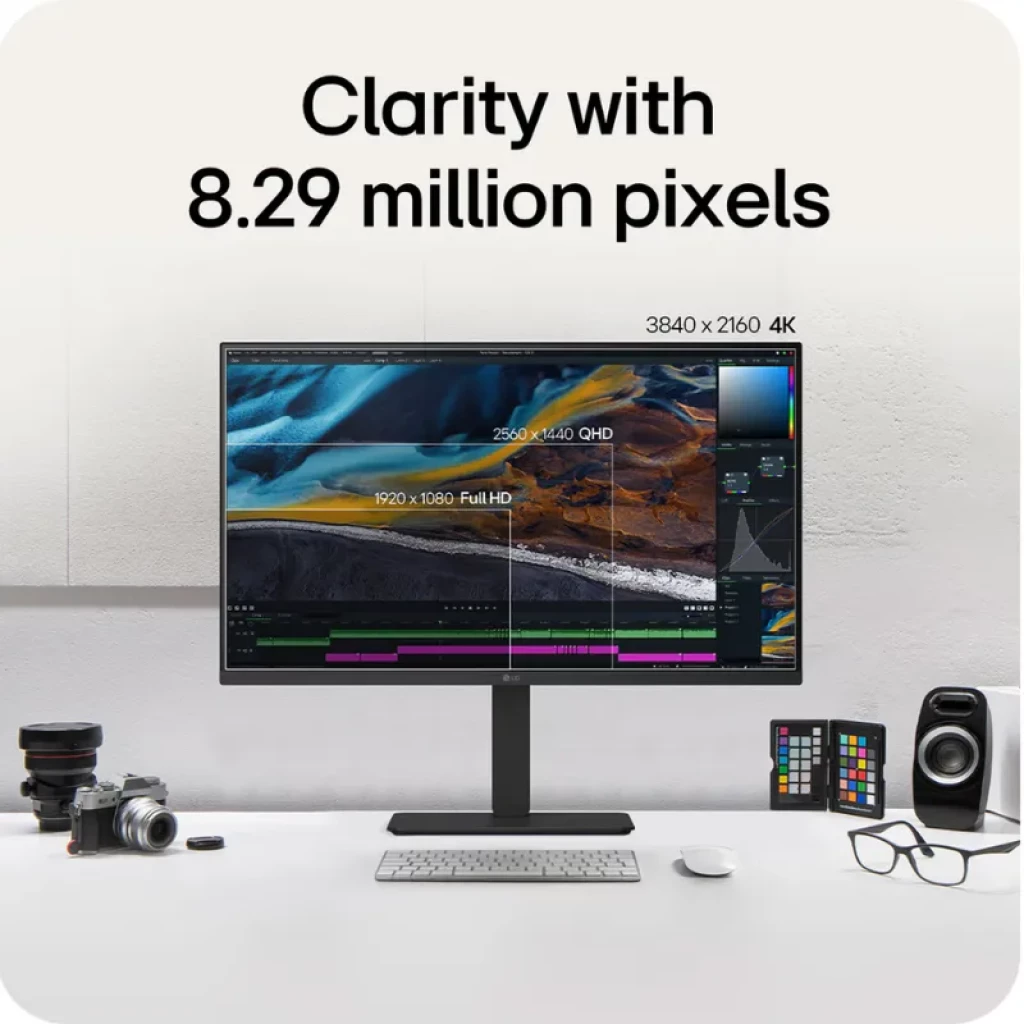 LG 32U720A-B soporte ajustable y conectividad visible; muestra edición y multitarea en pantalla
