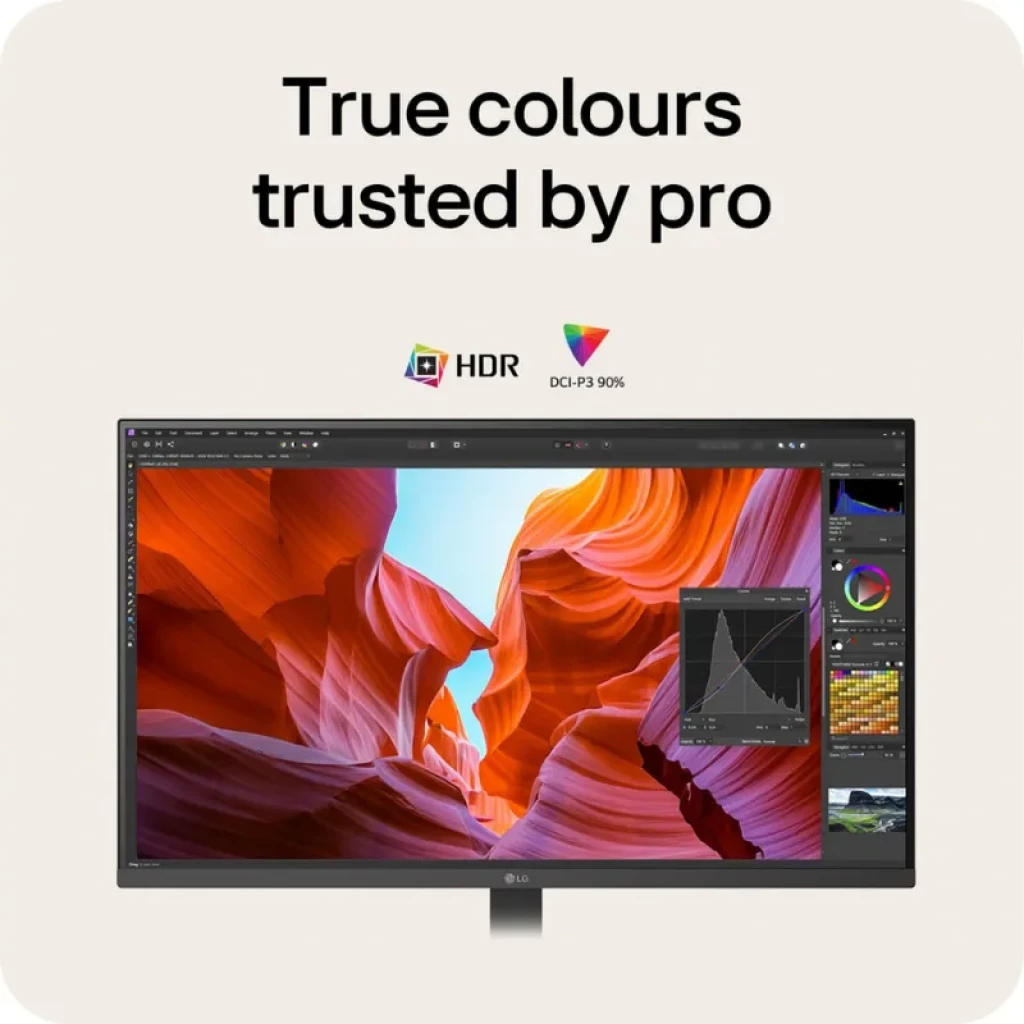LG 32U720A-B, soporte HDR y cobertura DCI-P3 90 por ciento, ideal para color preciso y edición