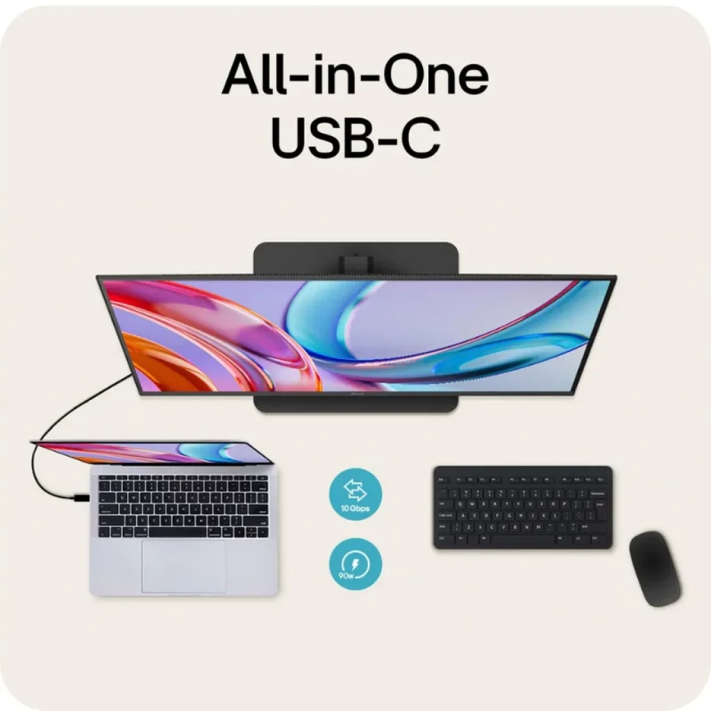 LG 32U720A-B con USB-C todo en uno, pantalla delgada con biseles finos, vista superior conectada a laptop, teclado y mouse