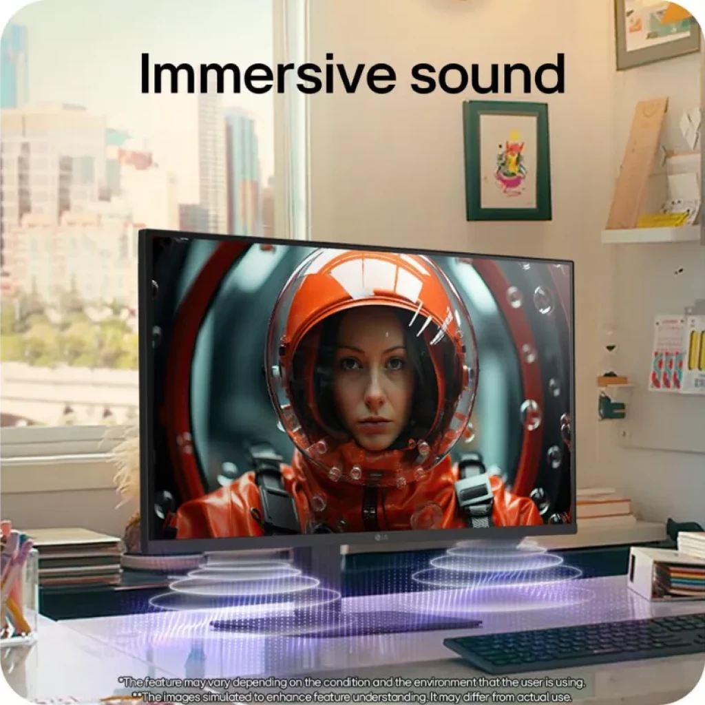 LG 32U720A-B 31,5 UHD IPS 60 Hz con biseles finos, peana delgada y altavoces integrados; pantalla mostrando escena espacial vívida en escritorio moderno