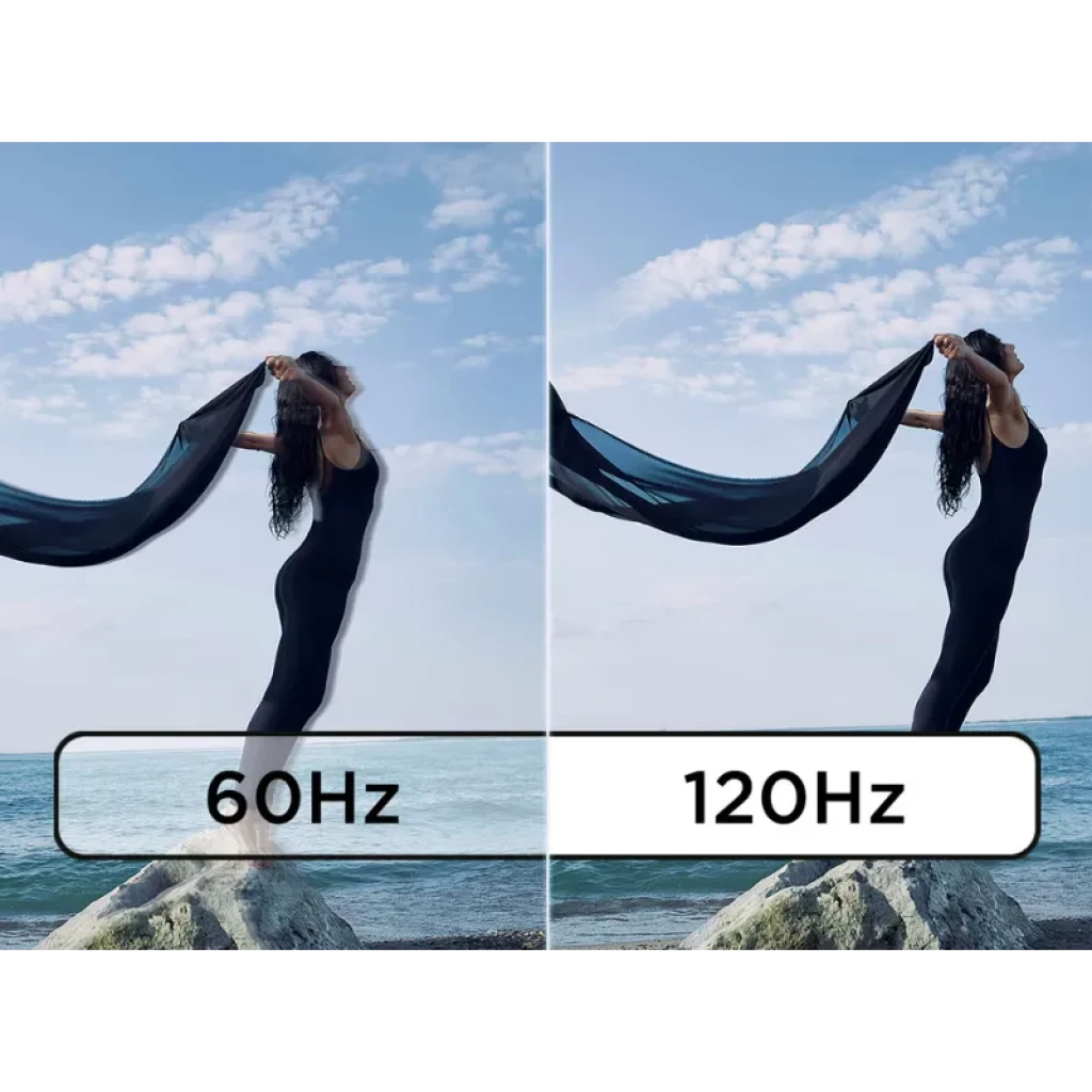 Comparativa de fluidez: panel muestra 60 Hz vs 120 Hz con movimiento más nítido y suave, ideal para monitor Lenovo ThinkVision T27QD-40 27 pulgadas QHD
