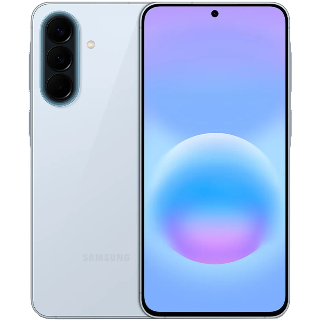 Smartphone azul con pantalla Super AMOLED casi sin bordes y cámara frontal perforada; triple cámara trasera vertical con lentes grandes y acabado elegante