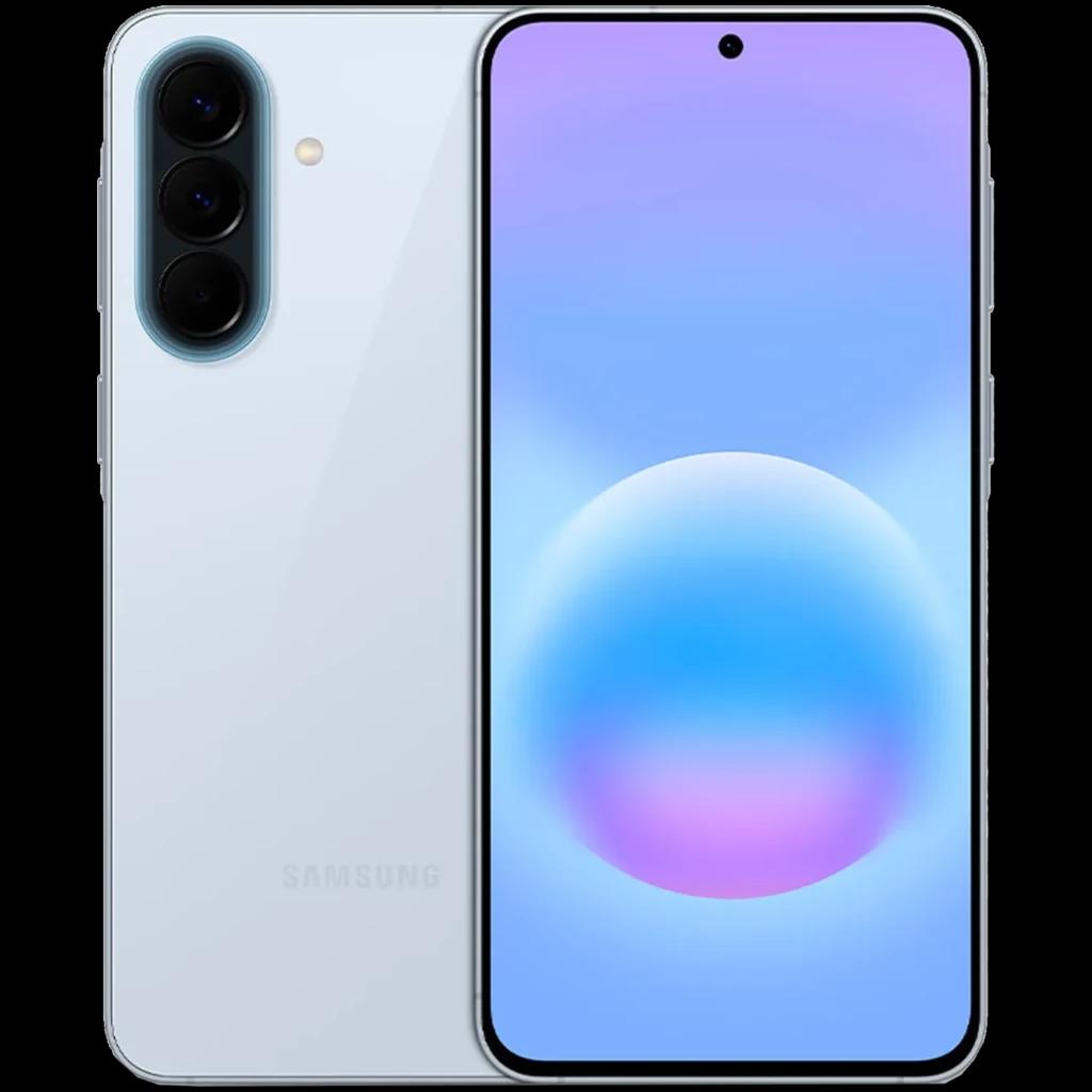 Smartphone azul con pantalla Super AMOLED casi sin bordes y cámara frontal perforada; triple cámara trasera vertical con lentes grandes y acabado elegante