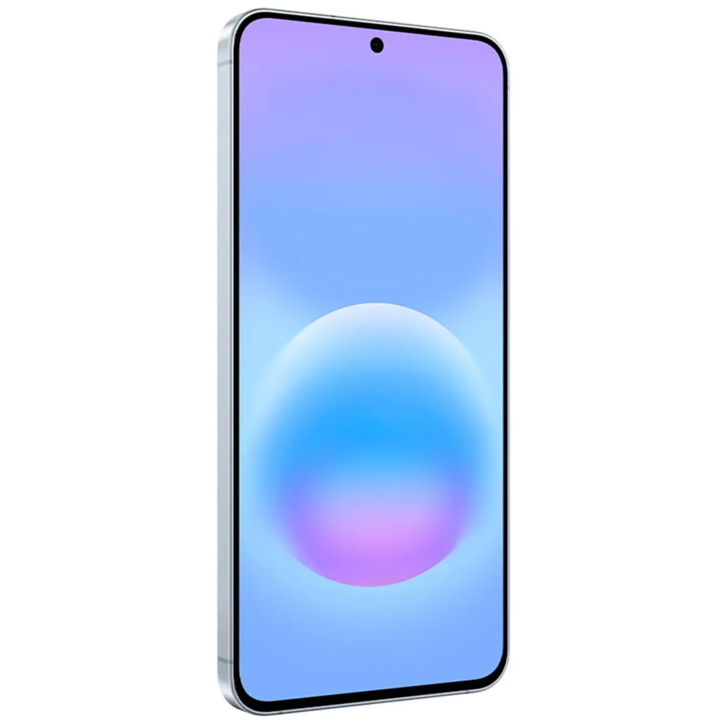 Samsung Galaxy A57 5G azul con pantalla Super AMOLED casi sin bordes, cámara frontal en orificio central, diseño delgado y marco recto elegante