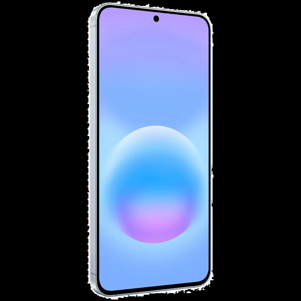 Samsung Galaxy A57 5G azul con pantalla Super AMOLED casi sin bordes, cámara frontal en orificio central, diseño delgado y marco recto elegante