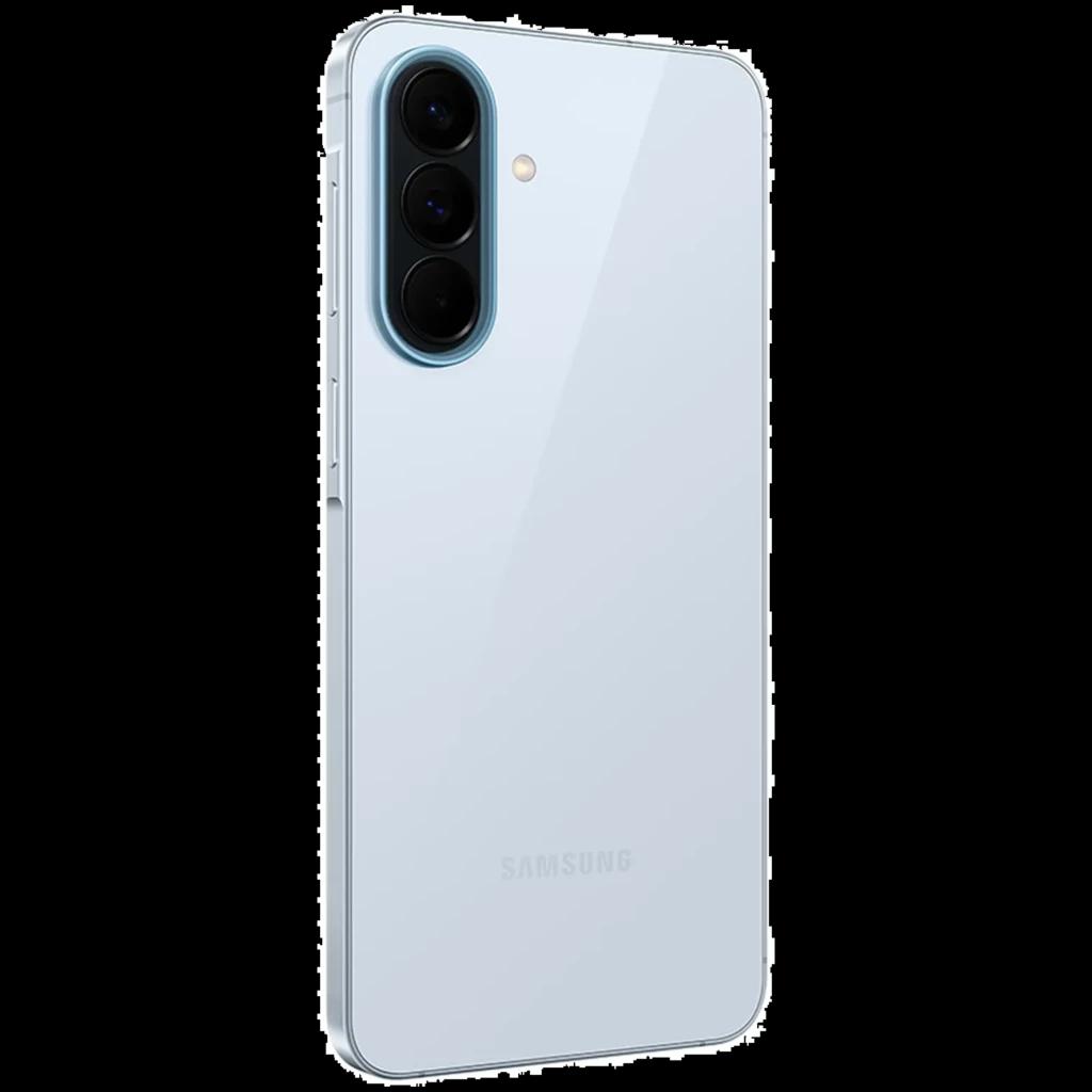 Samsung Galaxy A57 5G azul con acabado brillante, triple cámara vertical con aro azul, bordes curvos y trasera lisa que refleja la luz