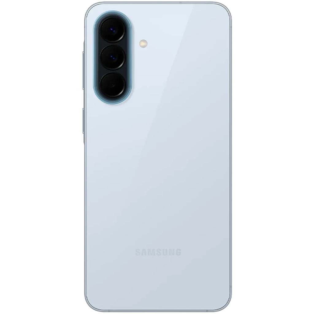 Samsung Galaxy A57 5G azul con tapa trasera brillante, triple cámara vertical con anillos negros y borde azul, acabado limpio y minimalista