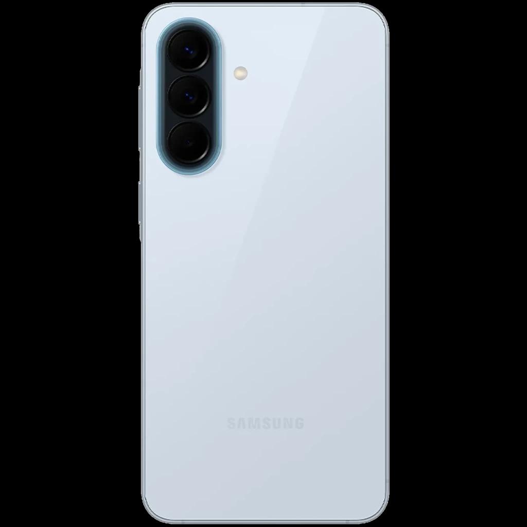 Samsung Galaxy A57 5G azul con tapa trasera brillante, triple cámara vertical con anillos negros y borde azul, acabado limpio y minimalista