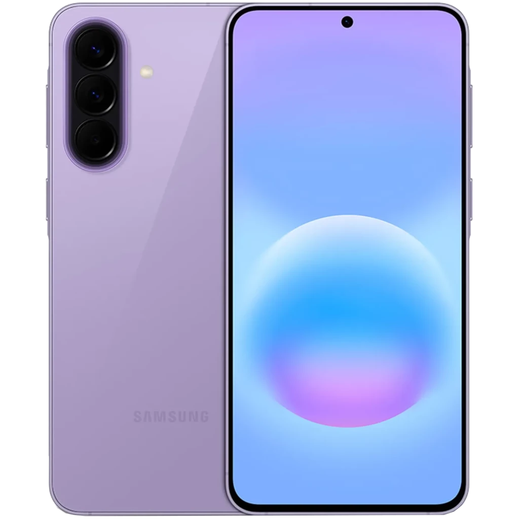 Samsung Galaxy A57 5G lila con pantalla sin bordes y cámara triple vertical; acabado mate, bordes curvos y orificio centrado para la cámara frontal