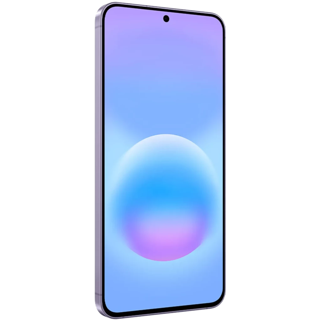 Smartphone lila con pantalla amplia casi sin bordes y cámara frontal centrada en orificio; bordes metálicos y diseño delgado Samsung Galaxy A57 5G 128GB