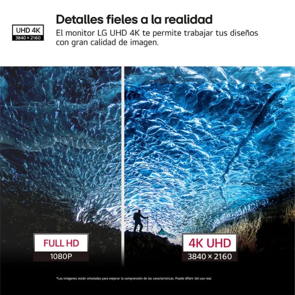 LG 27US550-W : écran 27 pouces 4K UHD IPS 60 Hz aux bords fins ; comparez la netteté entre le 1080p et le 3840x2160, qui met en valeur des couleurs vives et un niveau de détail exceptionnel à l'écran