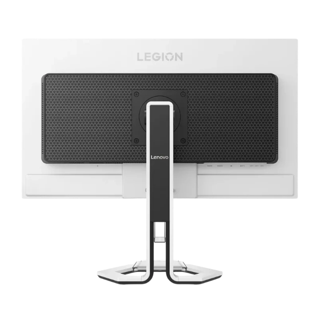 Vista posterior del monitor gaming Lenovo Legion Pro 27UD-10 con soporte hexagonal ergonómico