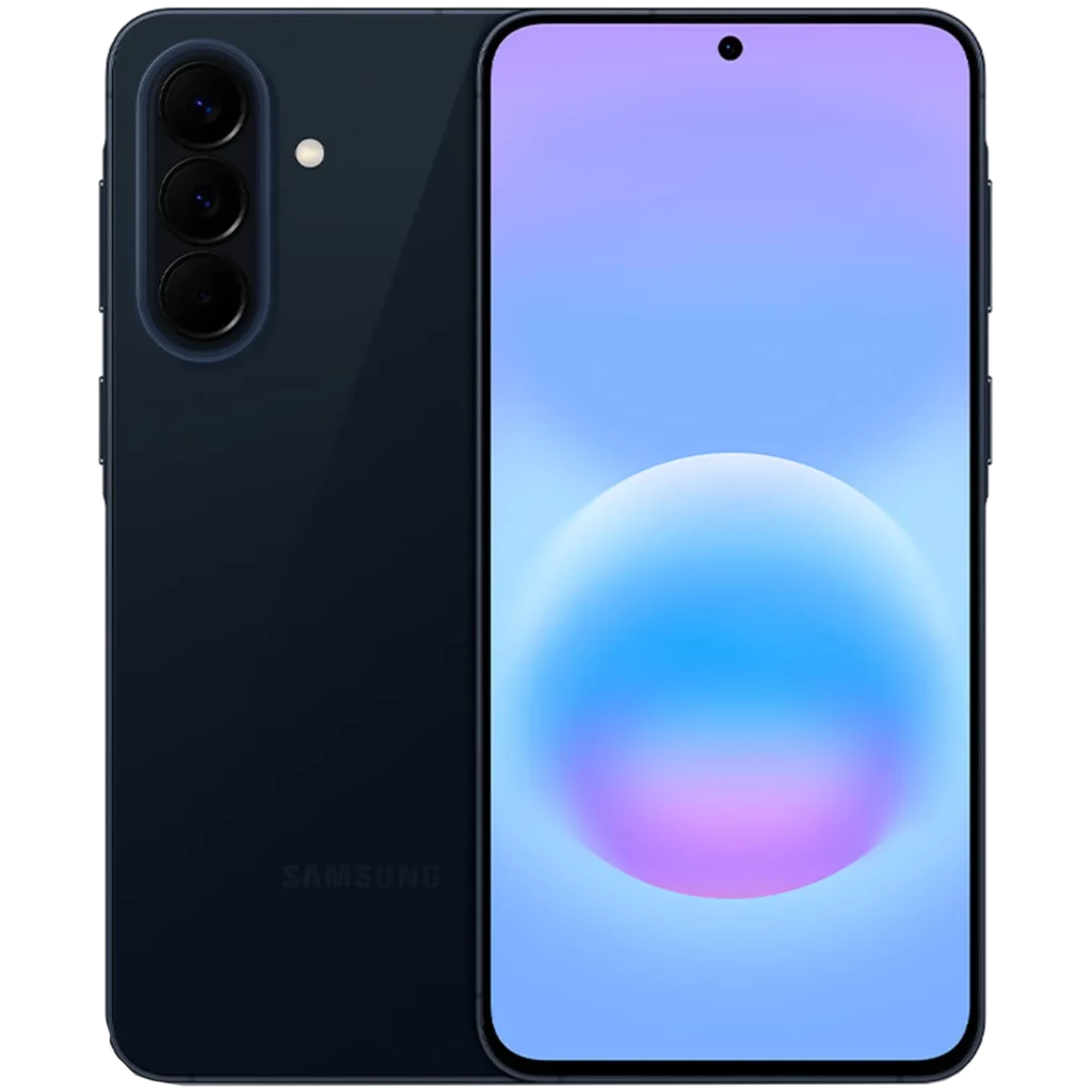 Samsung Galaxy A57 5G cinza com ecrã 6,6, câmara tripla 50 MP, 8 GB RAM e 256 GB. Design fino, furo central no ecrã e módulo traseiro com três lentes