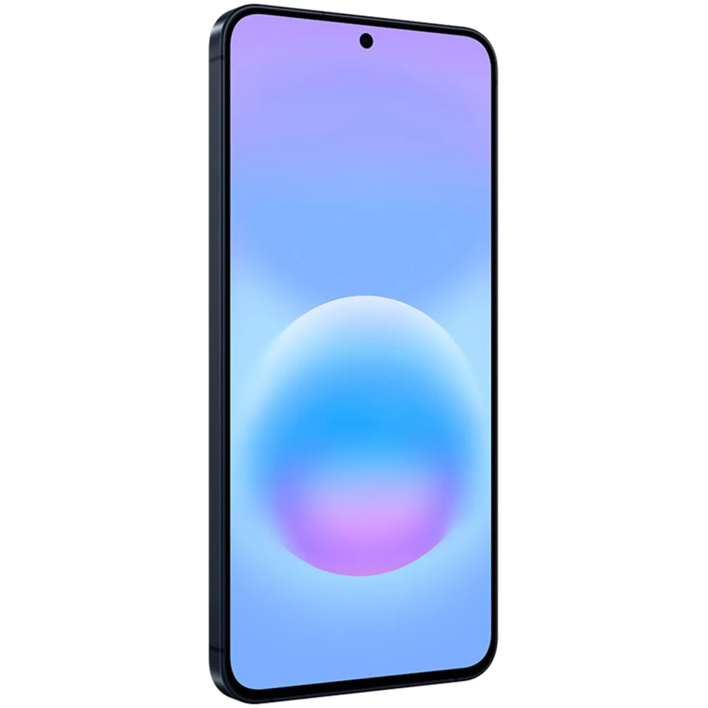 Samsung Galaxy A57 5G azul escuro com ecrã Super AMOLED quase sem molduras, furo central para câmara frontal e laterais finas em acabamento preto elegante