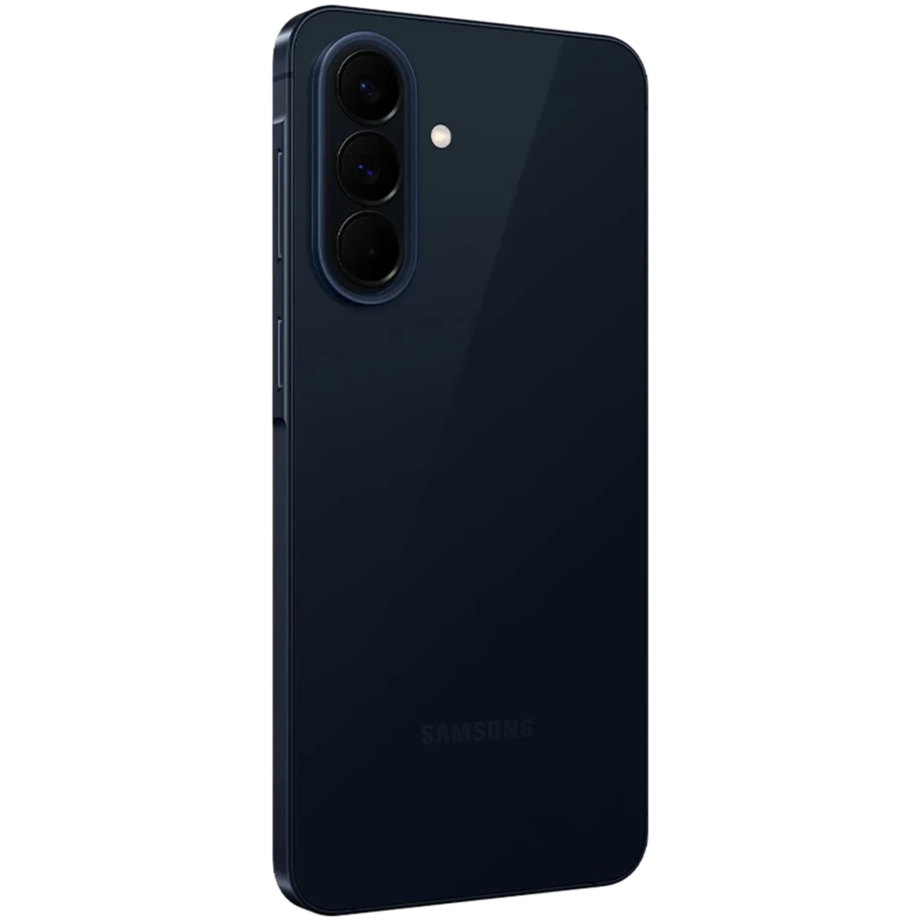 Samsung Galaxy A57 5G azul escuro com traseira brilhante, bordas retas e módulo de câmera tripla vertical com lentes salientes e flash discreto