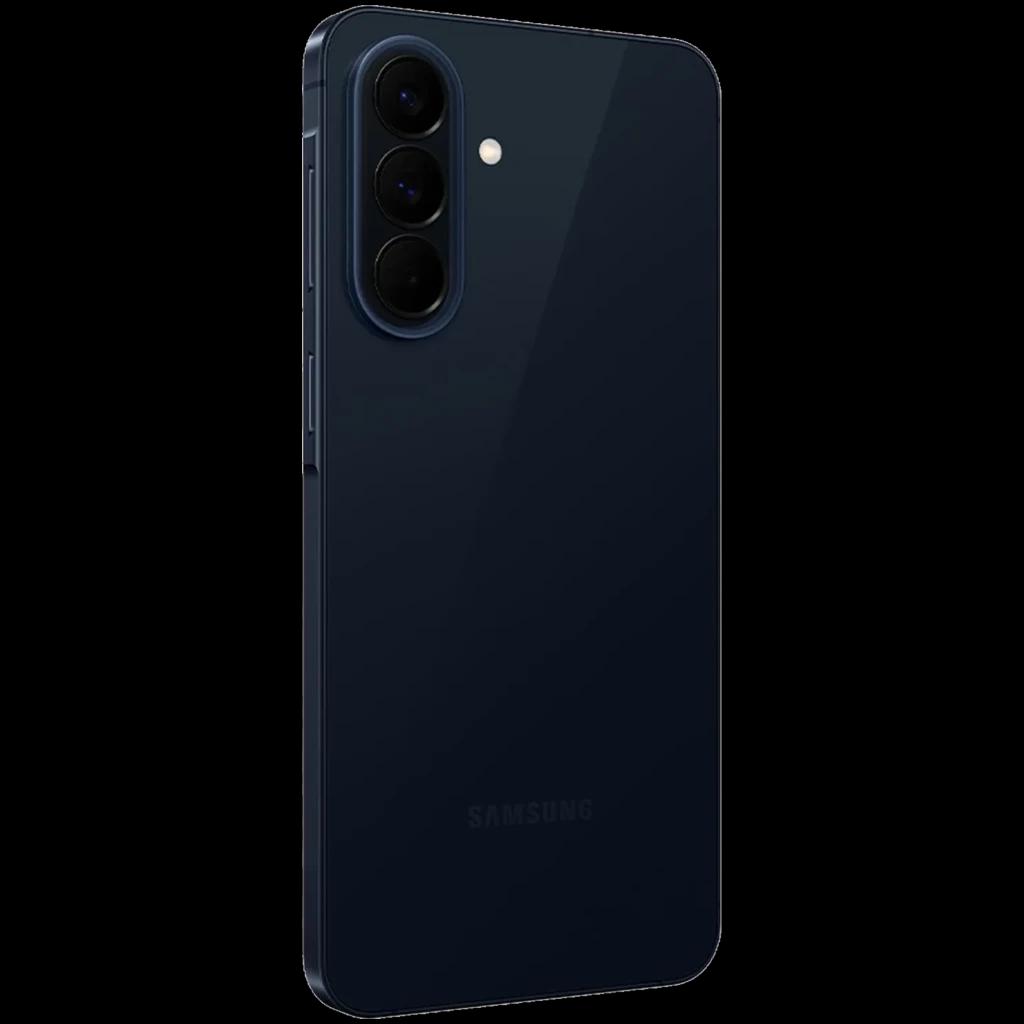 Samsung Galaxy A57 5G azul escuro com traseira brilhante, bordas retas e módulo de câmera tripla vertical com lentes salientes e flash discreto