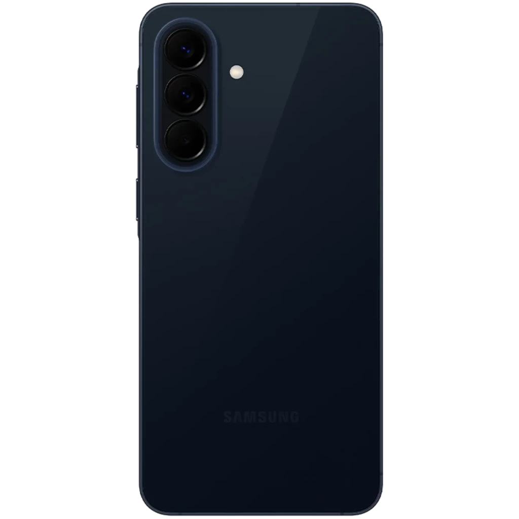 Samsung Galaxy A57 5G azul escuro visto de trás com três câmeras verticais e flash, acabamento brilhante e bordas arredondadas elegante e minimalista