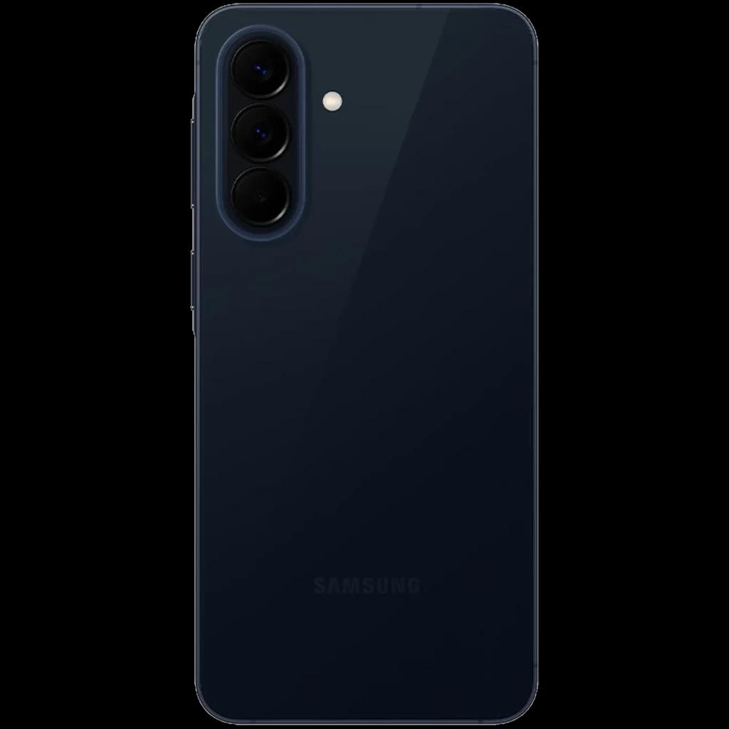 Samsung Galaxy A57 5G azul escuro visto de trás com três câmeras verticais e flash, acabamento brilhante e bordas arredondadas elegante e minimalista