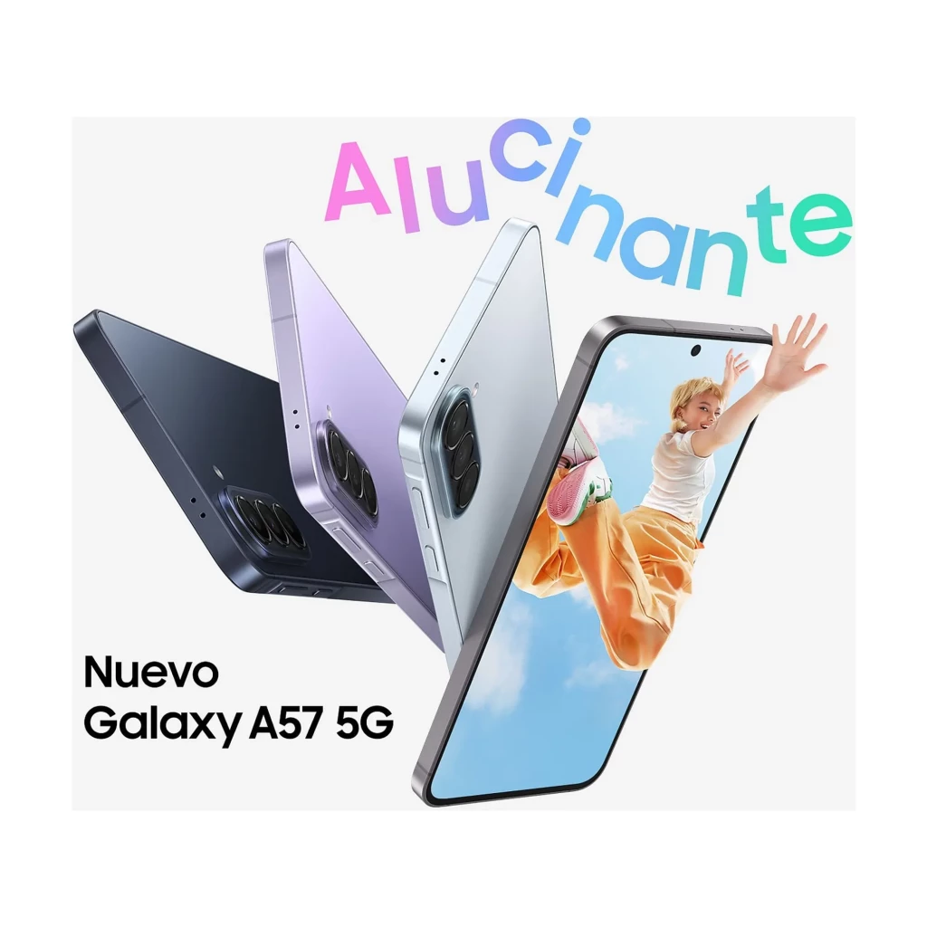 Samsung Galaxy A57 5G azul escuro com ecrã Super AMOLED, furo central para câmara frontal, moldura metálica, módulo de câmara traseira tripla discreto