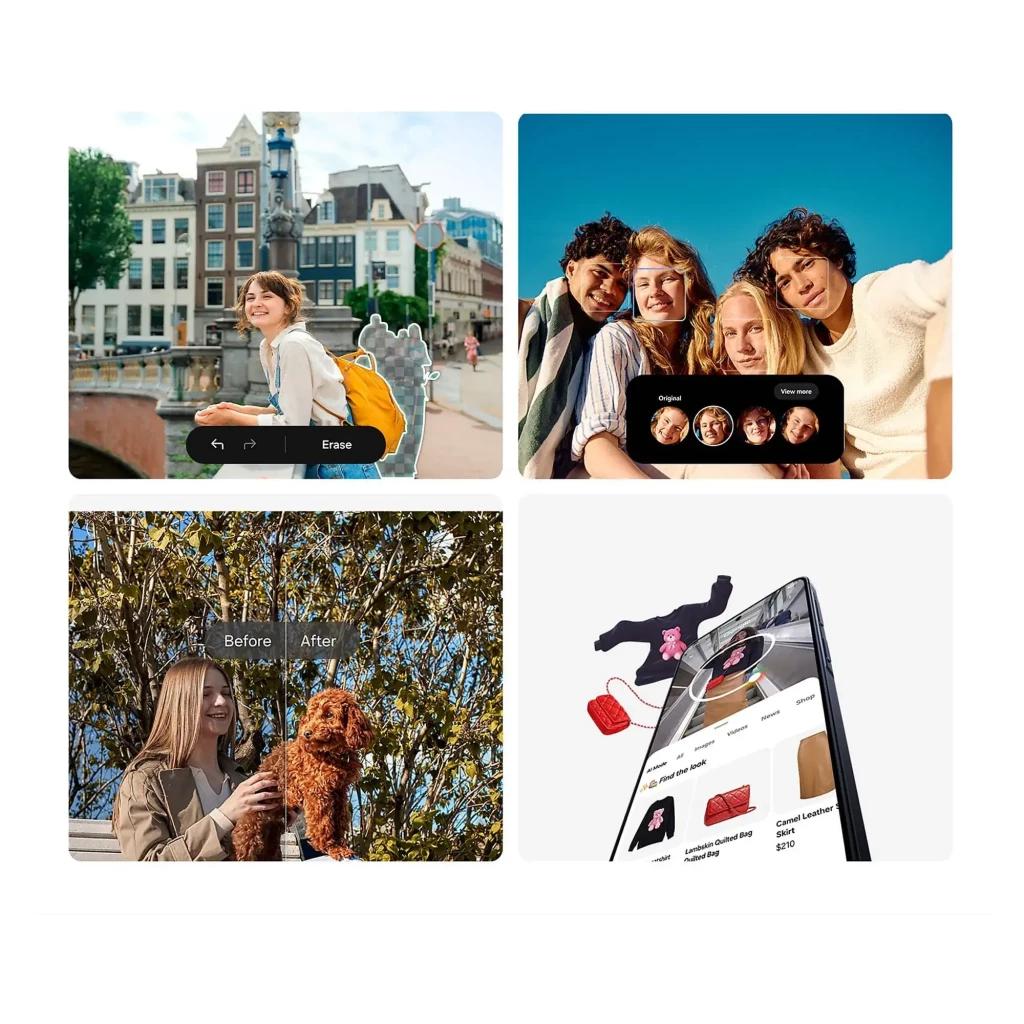 Tela do Samsung Galaxy A57 5G exibindo recursos: edição com apagar objetos, recorte de rostos em grupo, antes e depois em foto e vitrine de compras no ecrã