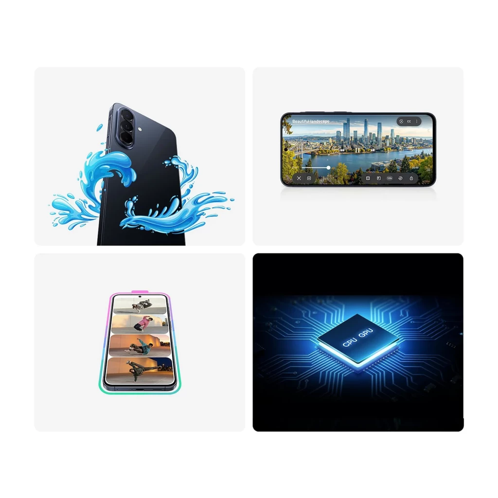 Samsung Galaxy A57 5G azul con triple cámara, pantalla Super AMOLED amplia, resistencia a salpicaduras, 12GB RAM, 512GB y carga rápida de 45W