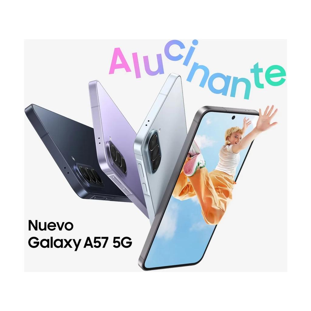 Samsung Galaxy A57 5G azul con pantalla Super AMOLED sin bordes, cámara trasera triple en módulo rectangular y frontal perforada; diseño delgado y moderno