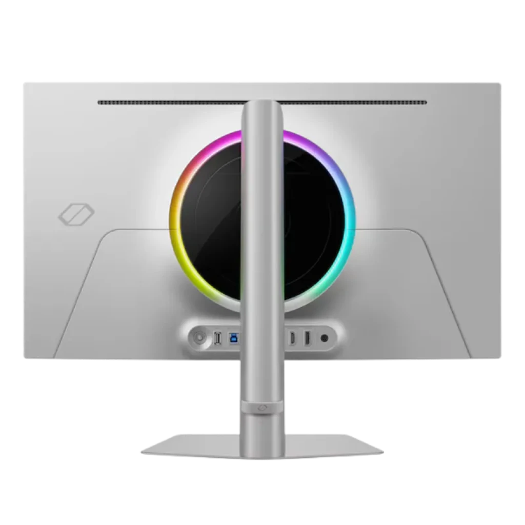 Parte trasera del monitor gaming Samsung Odyssey G6 27 QHD OLED 500Hz, color blanco, con aro RGB circular, soporte central metálico y puertos USB y HDMI