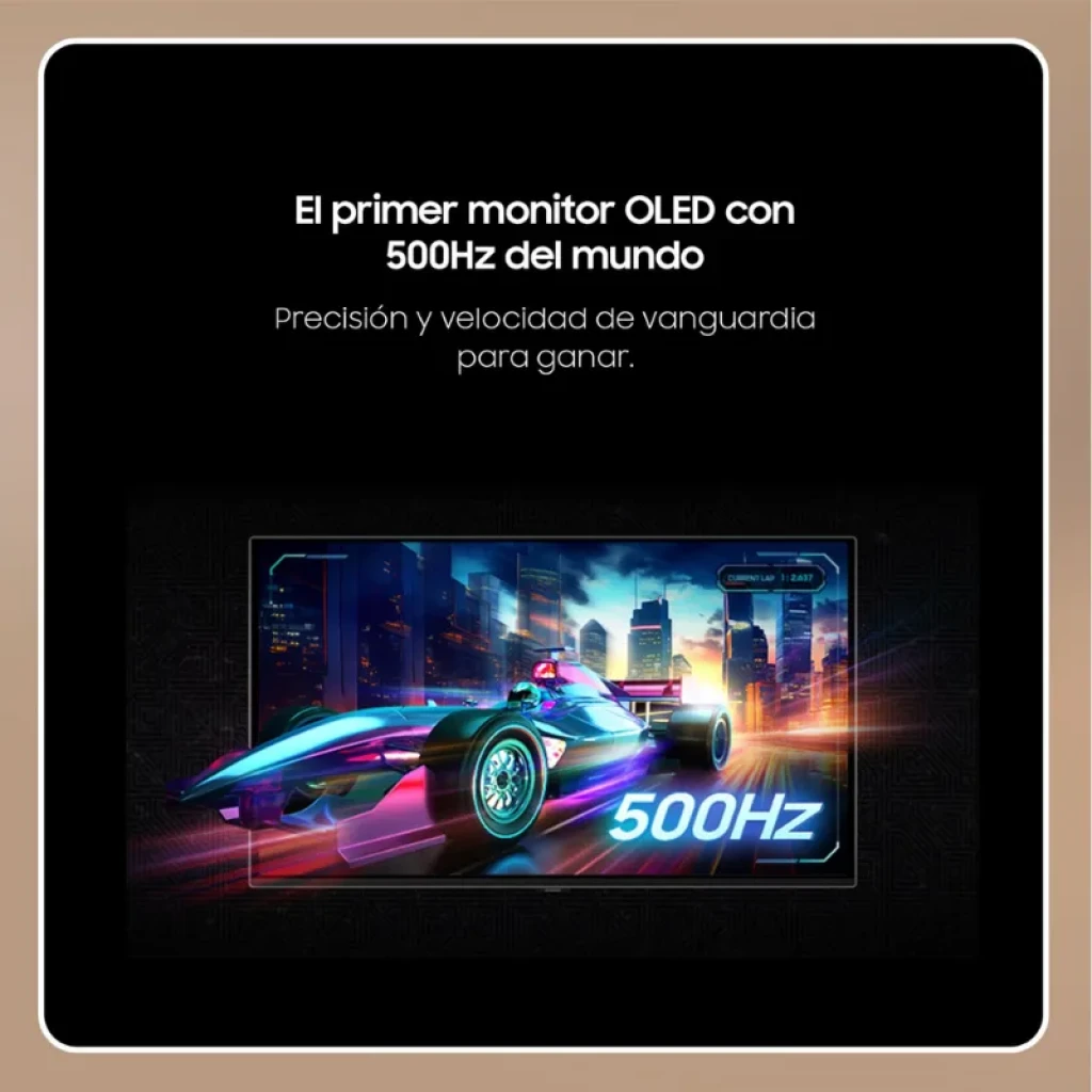 Monitor gaming OLED 27 pulgadas QHD plano, 500Hz. Pantalla vibrante con coche de carreras futurista y ciudad de fondo, énfasis en velocidad y precisión