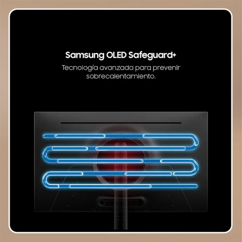 Panel trasero del Samsung Odyssey G6 27 QHD OLED plano con canalización luminosa azul que ilustra tecnología OLED Safeguard+ para prevenir sobrecalentamiento