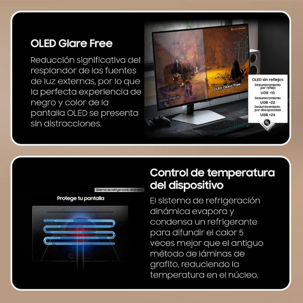 Samsung Odyssey OLED G8 32 pulgadas con panel OLED antirreflejo, bordes delgados, peana metálica y sistema de refrigeración que mantiene el monitor fresco