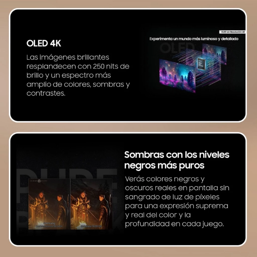 Samsung ODYSSEY OLED G8 G80SD 32 pulgadas con panel OLED 4K, colores vivos, negros profundos, brillo 250 nits y contraste alto para juegos inmersivos