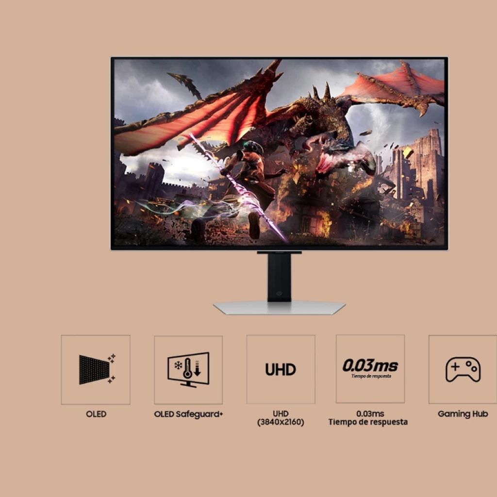 Monitor gaming Samsung Odyssey OLED G8 32 pulgadas, bisel delgado, panel OLED UHD 3840x2160, peana metálica ajustable, imagen vibrante y nítida