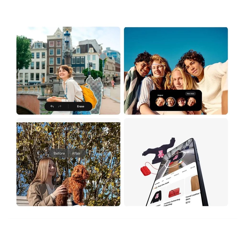 Samsung Galaxy A57 5G lila con pantalla amplia, bordes finos y cámara triple trasera; interfaz mostrando edición de fotos, retratos y compras en línea