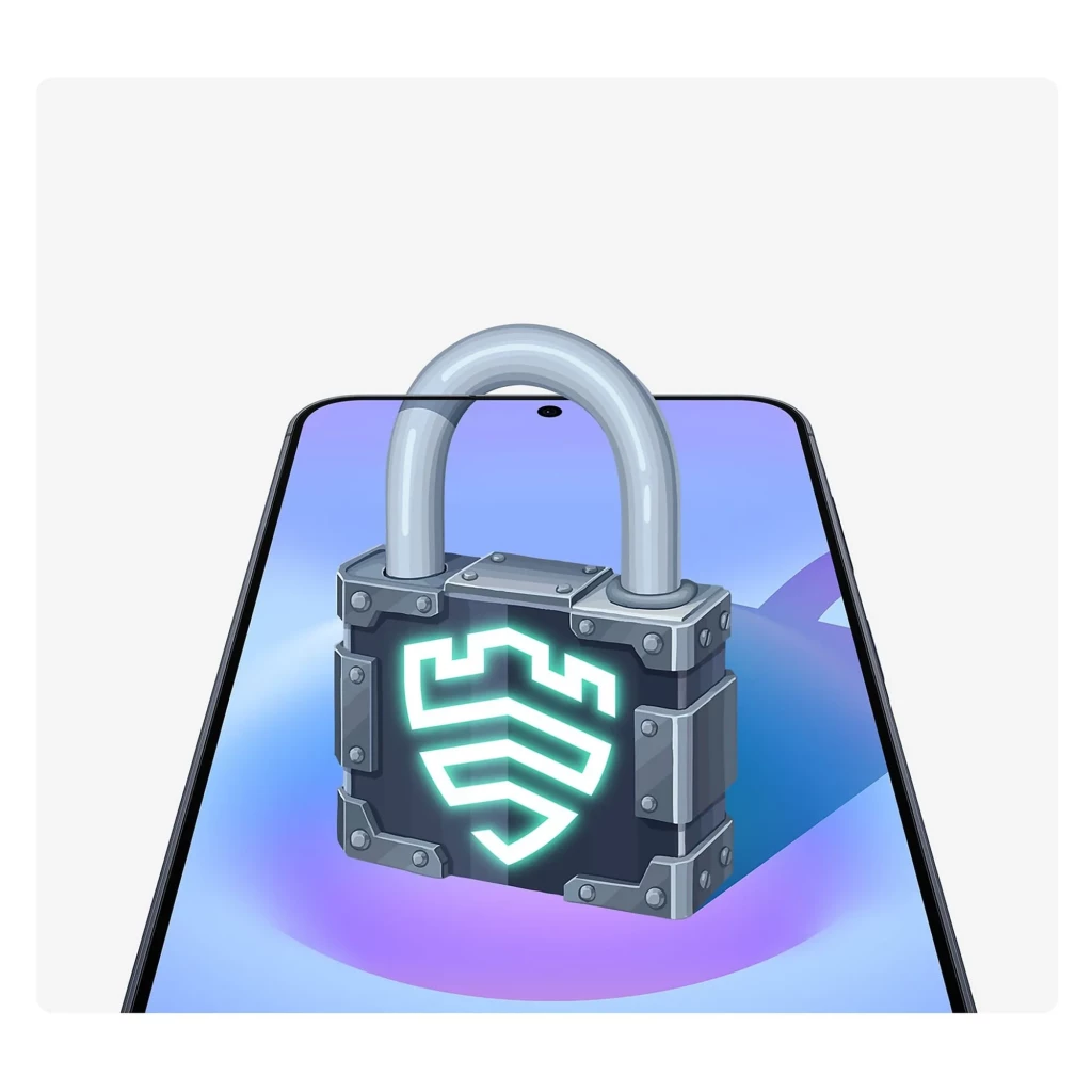 Candado digital sobre pantalla del Samsung Galaxy A57 5G lila, símbolo de seguridad Knox, pantalla con cámara frontal centrada y bordes delgados
