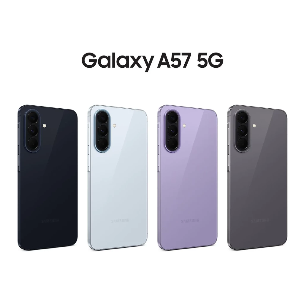 Samsung Galaxy A57 5G 256GB en color lila, diseño elegante con módulo de triple cámara vertical y acabado mate, pantalla amplia sin notch visible