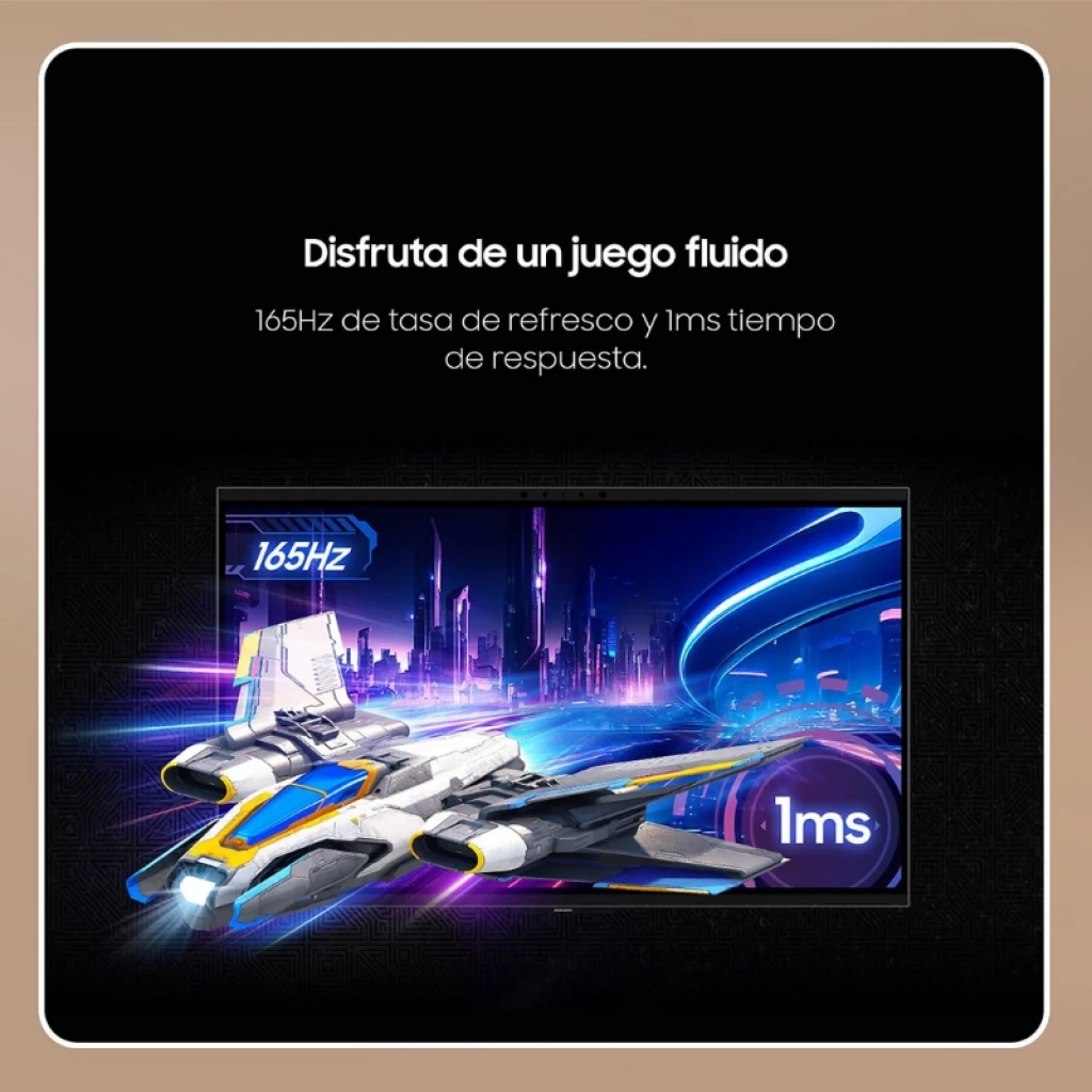 Samsung 27 Odyssey G90XF 3D 4K 165Hz con diseño gamer futurista, gráficos neon, nave espacial en pantalla y anuncio de 1 ms y 165Hz en los bordes