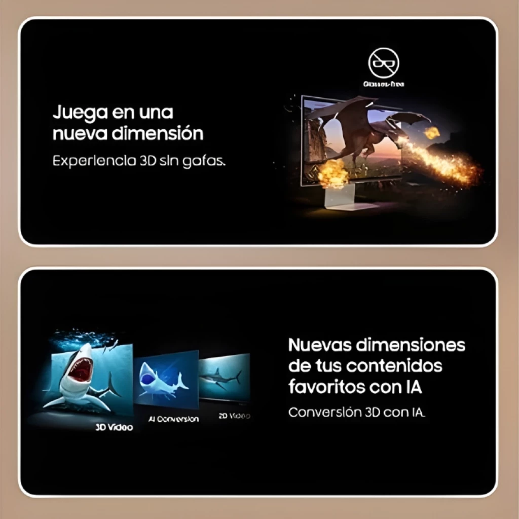 Samsung 27" Odyssey G90XF 3D 4K 165Hz con panel curvo, efectos 3D sin gafas, conversión 3D por IA y visuales de dragón y tiburón emergiendo de la pantalla