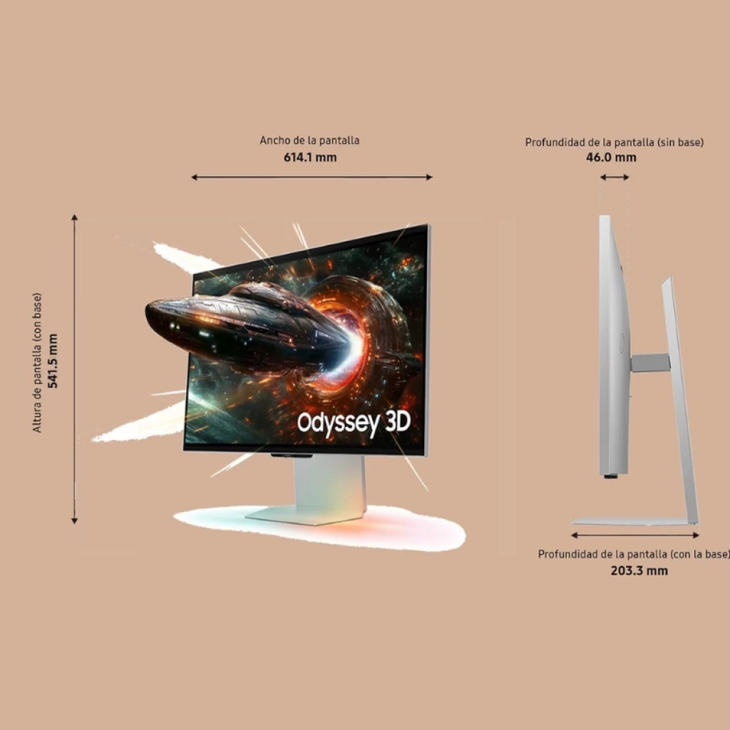 Monitor Samsung 27 pulgadas Odyssey G90XF 3D 4K 165Hz con biseles delgados, panel plano, soporte blanco ajustable y gráficos de nave espacial en pantalla