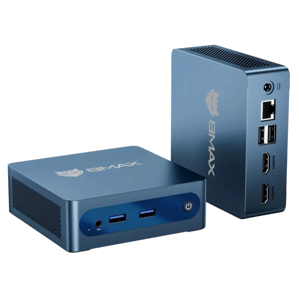 BMAX MaxMini B1 Plus bleu métallisé, compact avec ports USB en façade et bouton d'alimentation, et sur les côtés : USB, HDMI, Ethernet et ventilation