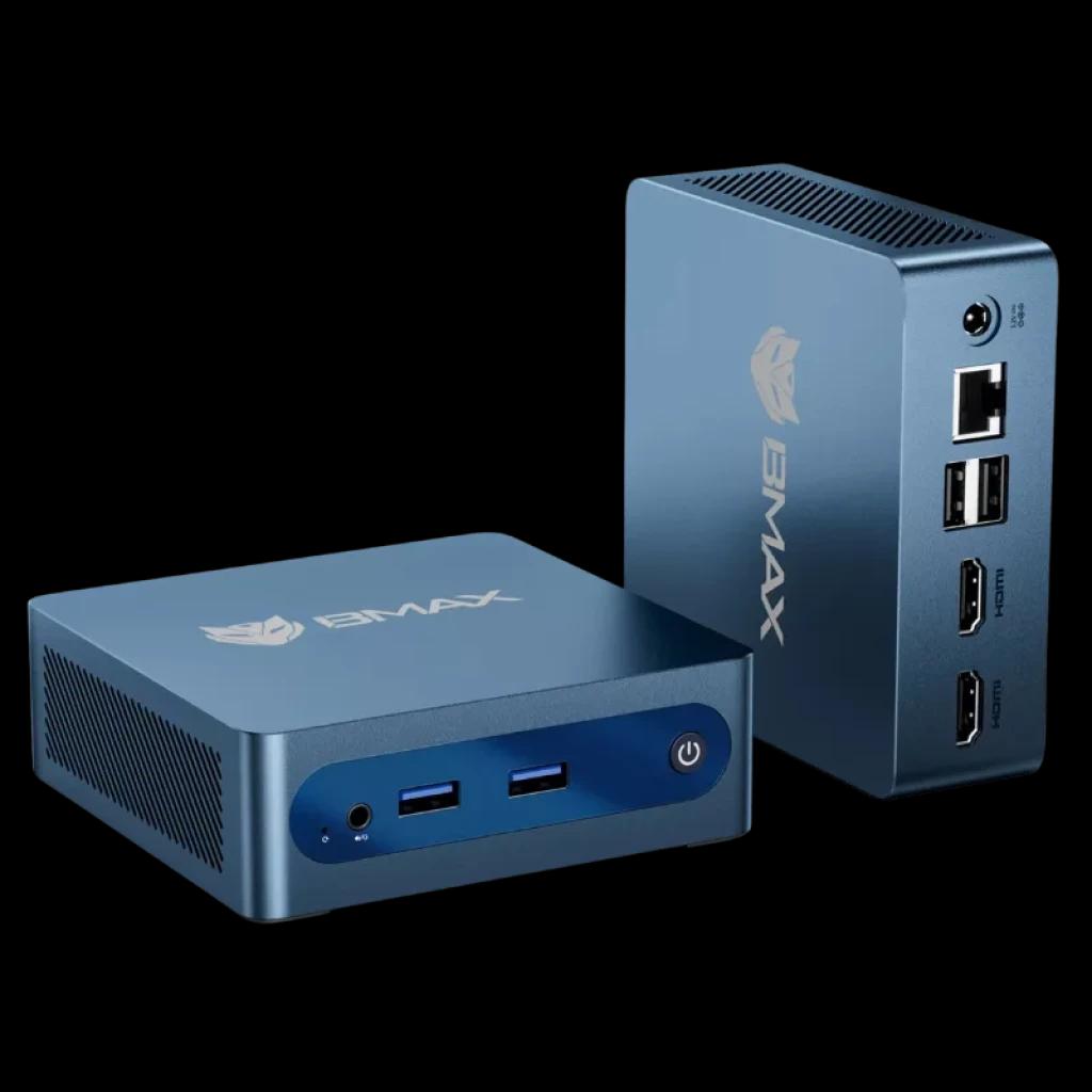 BMAX MaxMini B1 Plus bleu métallisé, compact avec ports USB en façade et bouton d'alimentation, et sur les côtés : USB, HDMI, Ethernet et ventilation