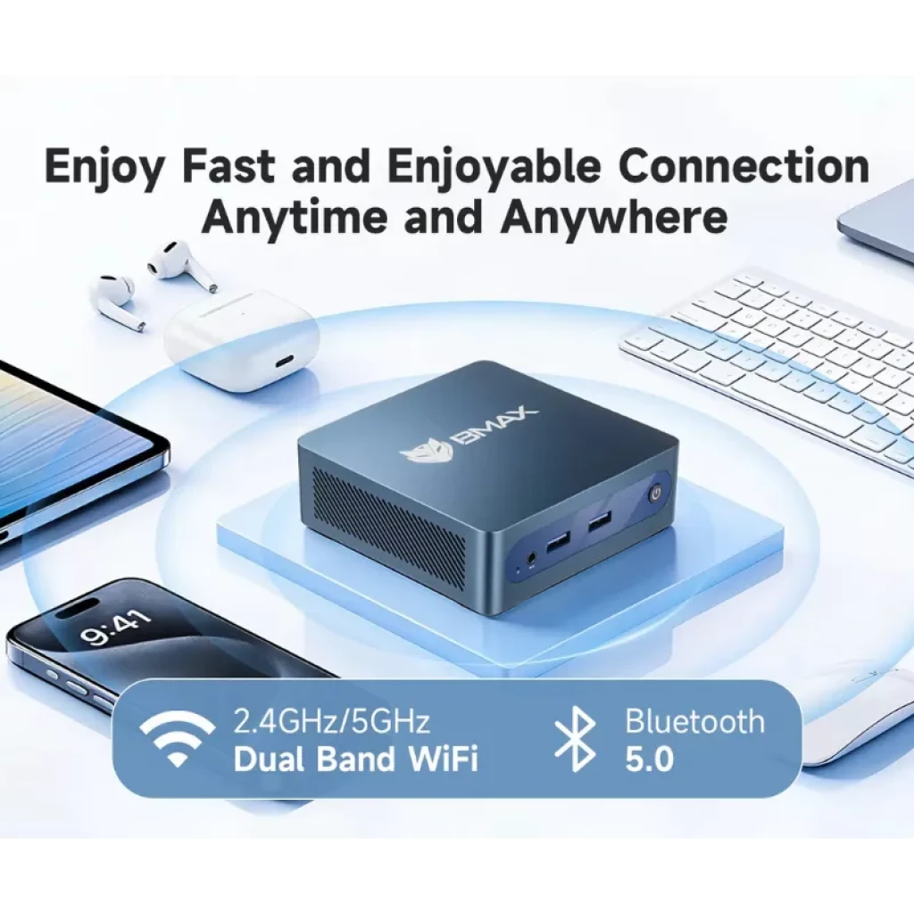 BMAX MaxMini B1 Plus, mini-PC doté de ports USB et audio en façade, avec le logo BMAX bien visible ; il se distingue par le Wi-Fi double bande 2,4/5 GHz et le Bluetooth 5.0
