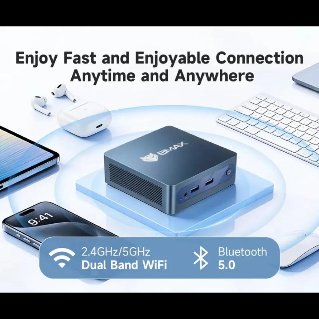 BMAX MaxMini B1 Plus, mini-PC doté de ports USB et audio en façade, avec le logo BMAX bien visible ; il se distingue par le Wi-Fi double bande 2,4/5 GHz et le Bluetooth 5.0