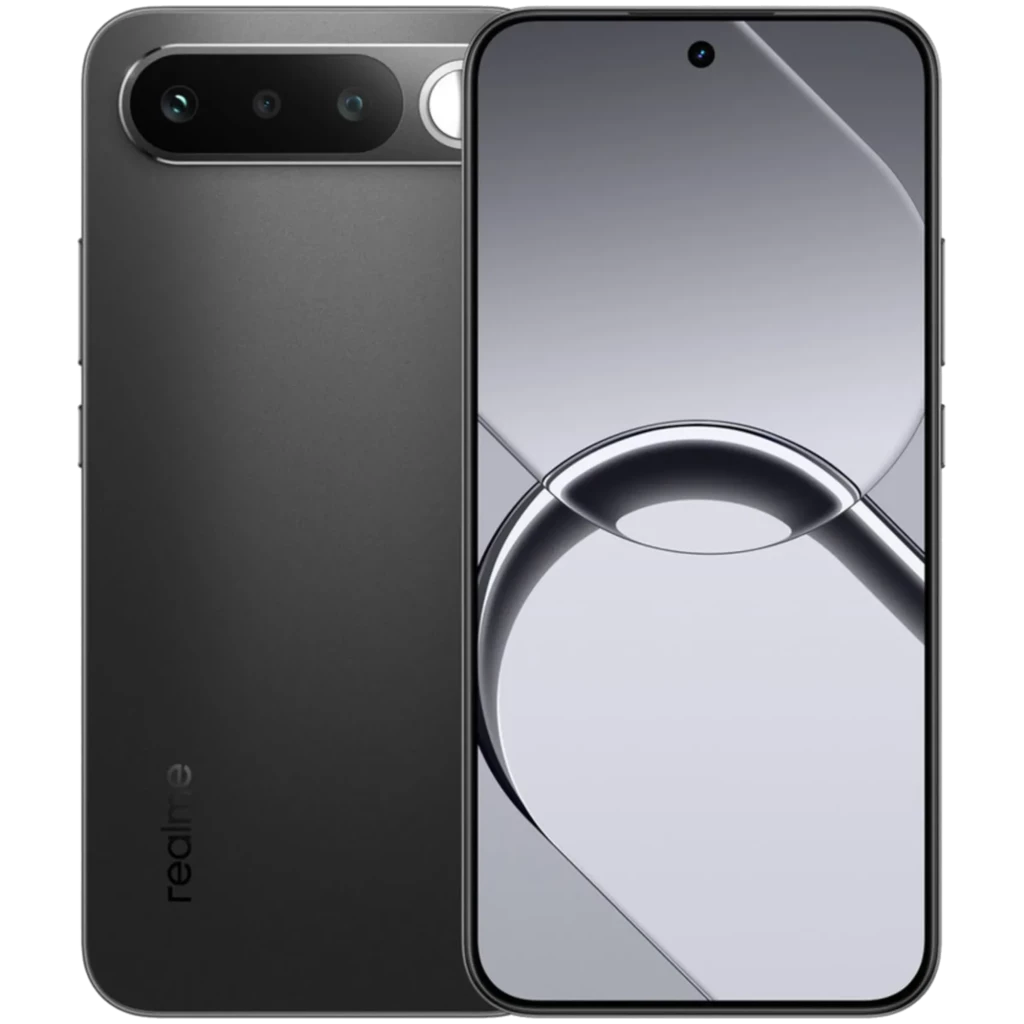 Realme 16 5G negro con pantalla borde a borde perforada, módulo trasero dual con flash en barra negra, acabado mate y bordes curvos elegantes