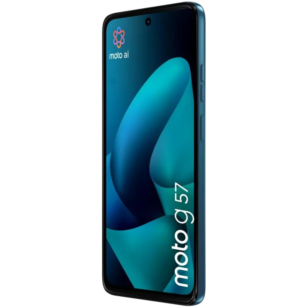 Smartphone Motorola Moto G57 5G verde con pantalla amplia, biseles delgados y cámara frontal en perforación; botones laterales y diseño delgado y moderno