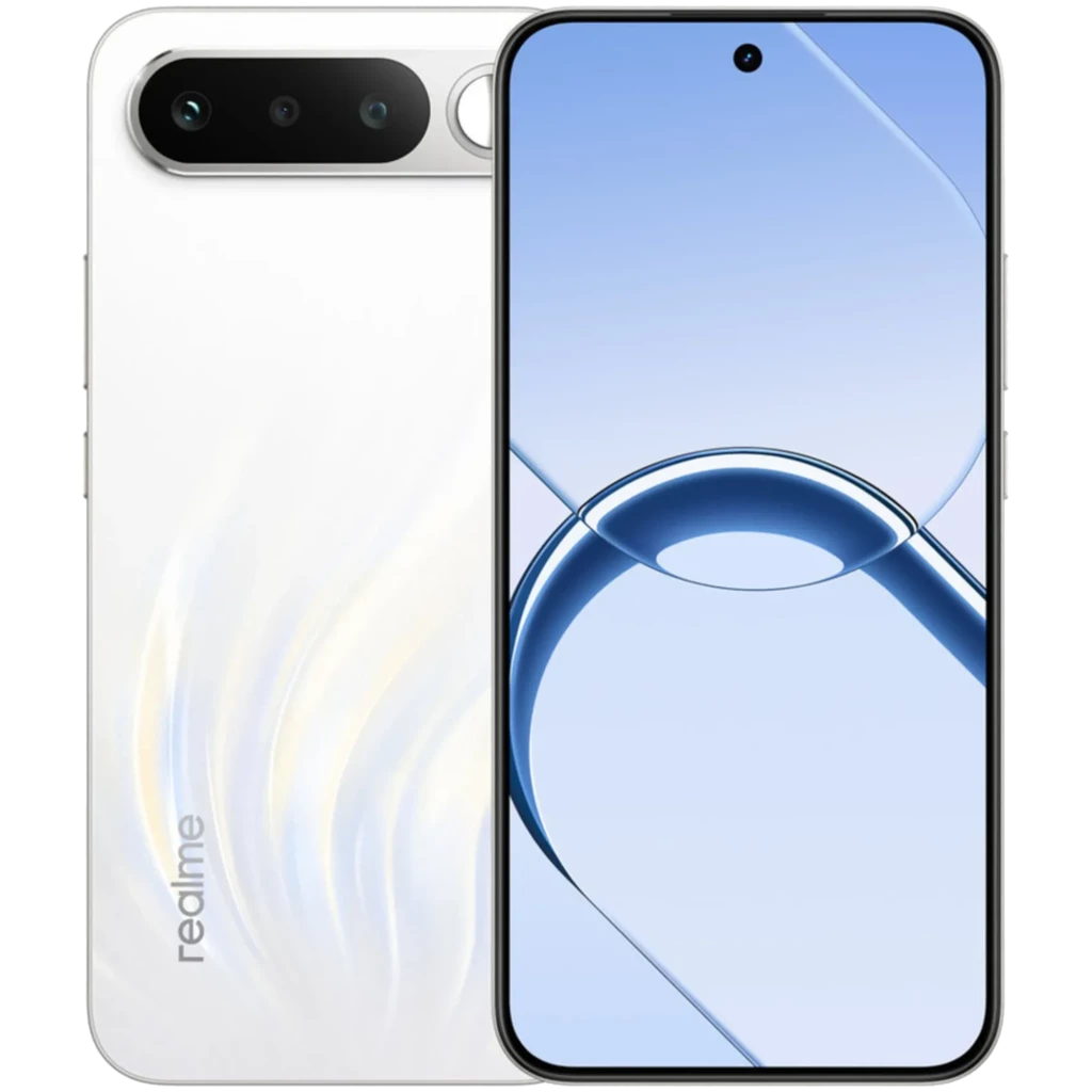 Realme 16 5G blanco con pantalla AMOLED de 120Hz, cámara triple trasera y frontal en orificio central, 256GB y 6GB RAM, diseño brillante elegante