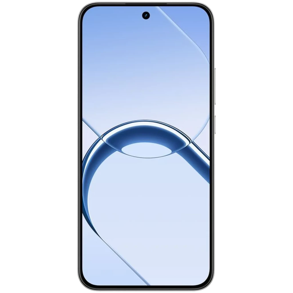 Realme 16 5G blanco con pantalla AMOLED 120Hz casi sin bordes, cámara frontal en orificio centrado y marco delgado negro elegante