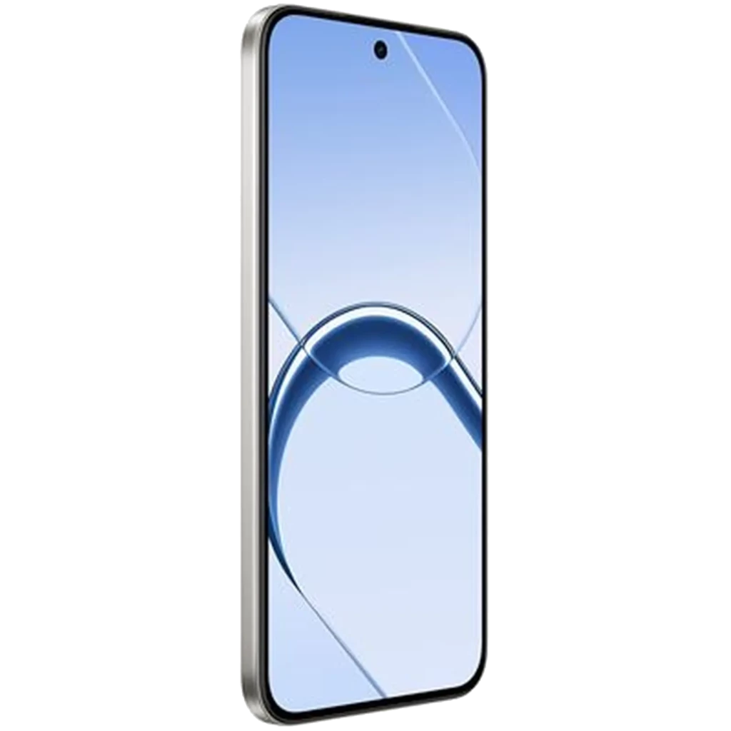 Smartphone Realme 16 5G blanco con pantalla AMOLED de 120Hz casi sin bordes, cámara frontal en orificio centrado y marco metálico delgado